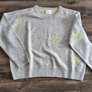 BRODIE CASHMERE Grey Cashmere Green Smiley Stitch Crew Neck Sweater